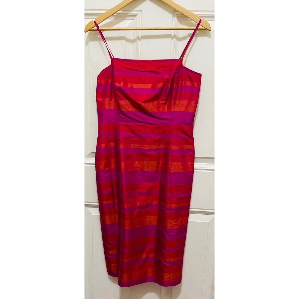 Ann‎ Taylor Silk Dress Fuchsia Pink Orange Striped Sleeveless Party Cocktail